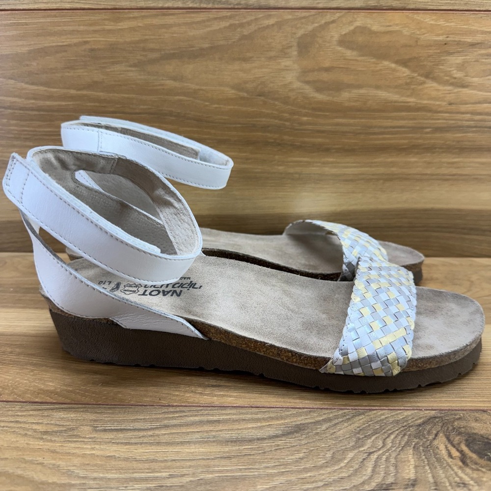 NAOT Abbie Wedge Sandals Womens 10 EU 41 Ankle Strap Woven White Silver Comfort
